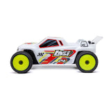 Losi Micro-T 2WD 1/28 scale truggy RC car with detailed body and rugged tires, ideal for indoor and outdoor racing.