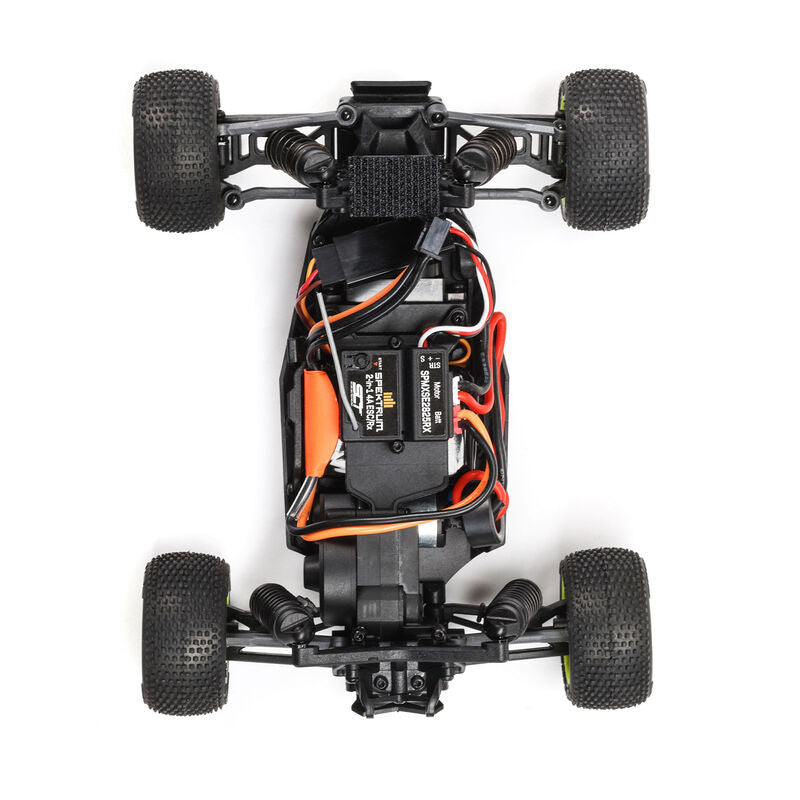 Losi Micro-T 2WD 1/28 scale truggy with orange and black body, detailed tires, and suspension visible in the image.