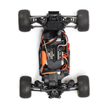 Losi Micro-T 2WD 1/28 scale truggy with orange and black body, detailed tires, and suspension visible in the image.