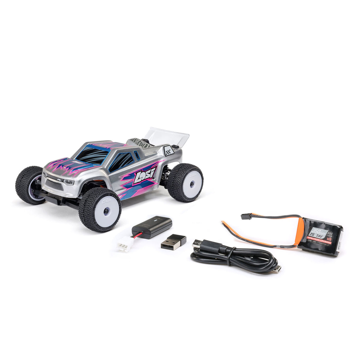 Losi Micro-T 2WD 1/28 scale truggy RC car on a track, featuring a compact design and detailed exterior.