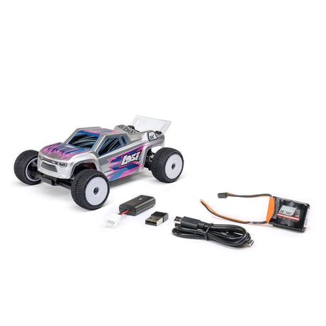 Losi Micro-T 2WD 1/28 scale truggy RC car on a track, featuring a compact design and detailed exterior.
