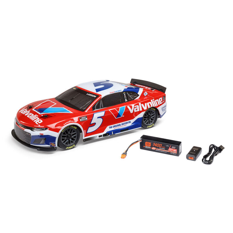 Losi 1/12 NASCAR RTR AWD Kyle Larson Valvoline Chevrolet Camaro ZL1 model car with detailed paint and racing decals.