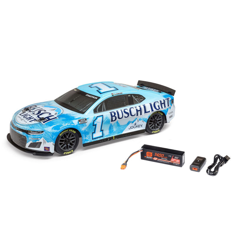 Losi 1/12 NASCAR Ross Chastain Busch Light 2025 Chevrolet Camaro RTR AWD diecast model on a display stand