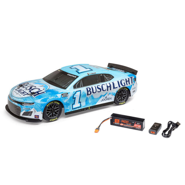Losi 1/12 NASCAR Ross Chastain Busch Light 2025 Chevrolet Camaro RTR AWD diecast model on a display stand