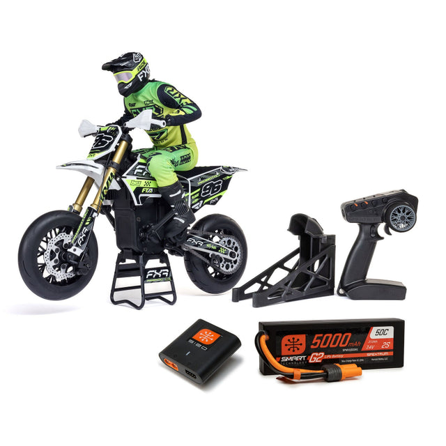 White Losi 1/4 Promoto-SM FXR Supermoto motorcycle RTR with detailed body and large tires, ready for riding.