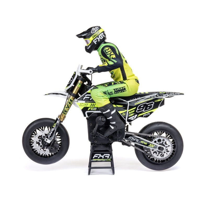 Losi 1/4 Promoto-SM FXR supermoto motorcycle RC car in white with detailed tires and sleek design, ready for action.