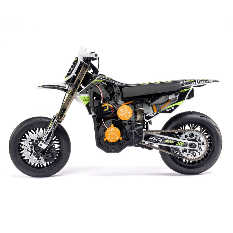 White Losi 1/4 Promoto-SM FXR supermoto motorcycle RTR with detailed body and large tires, ready for racing.