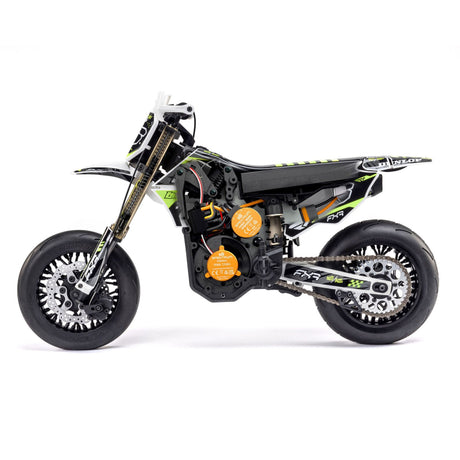 White Losi 1/4 Promoto-SM FXR supermoto motorcycle RTR with detailed body and large tires, ready for racing.