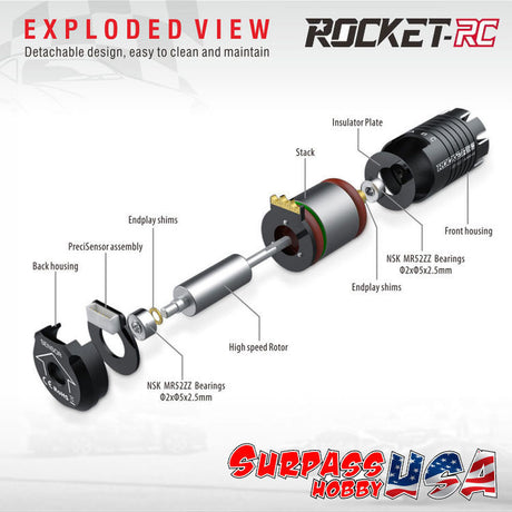 Surpass Hobby Mini 1525 3500KV brushless sensored motor for RC cars, shown with wires and mounting hardware.