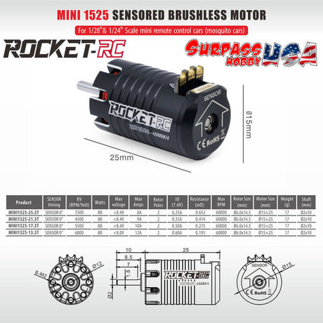 Surpass Hobby Rocket-RC Mini 1525 3500KV brushless sensored motor for RC cars, shown in close-up view.