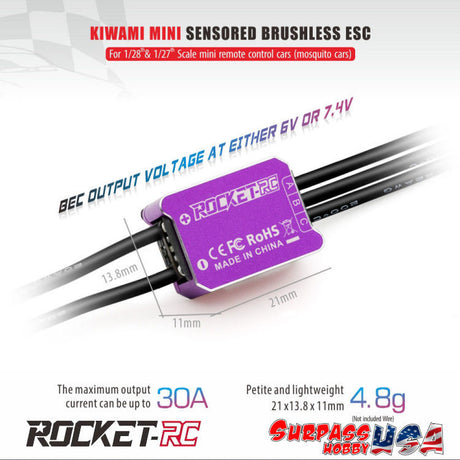 Surpass Hobby Rocket-RC Kiwami Pro V2 Mini 24 30A sensored ESC for RC cars, shown mounted on the circuit board.