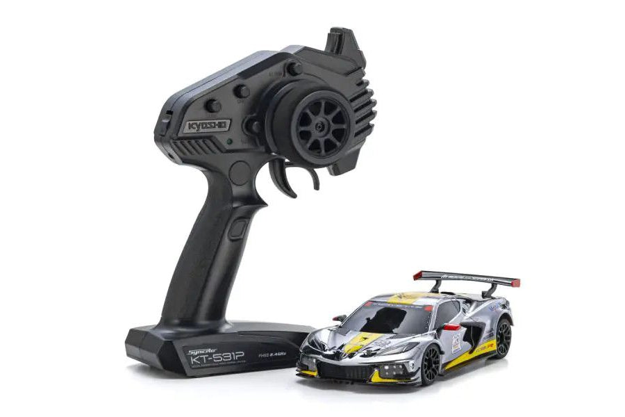 Kyosho Mini-Z MR-04 RWD RC car featuring a detailed Corvette C8.R 20th Anniversary edition, showcasing a sleek design and vibrant graphics.