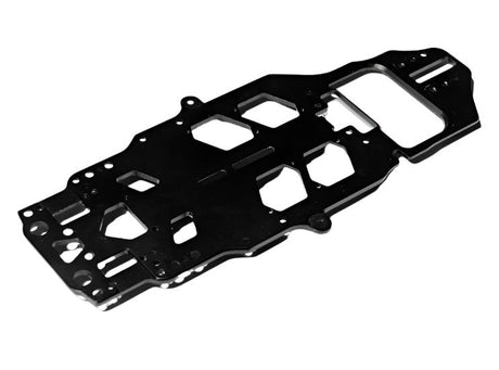 Atomic RC MRX aluminium chassis plate, 14g lightweight metal part for RC car frame, shown on a clean surface.