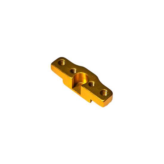 Atomic RC MRX aluminum front pivot hub for RC vehicles, showcasing a durable metallic component with detailed design.
