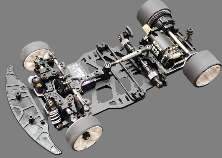 Atomic RC MRX Master Edition 2WD chassis with linkless suspension system for high-performance remote control car.