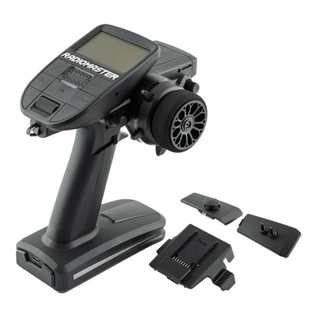 RadioMaster MT12 Surface Radio Controller with ergonomic grips, multiple control sticks, and a digital display for remote flying.