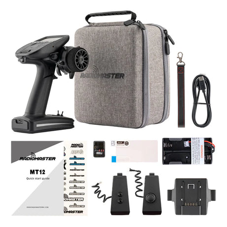RadioMaster MT12 Surface Radio Controller with ergonomic grips, multiple switches, and a digital display for precise remote control.
