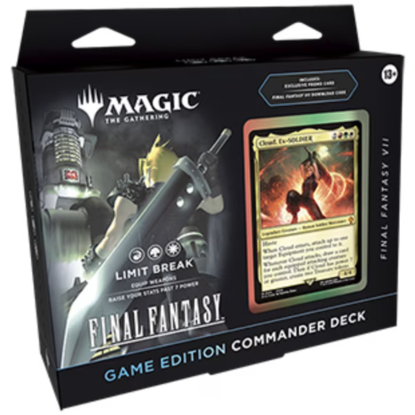 MTG: FINAL FANTASY VII Commander Deck by Wizards of the Coast featuring game-themed cards and artwork in a collectible card game box.