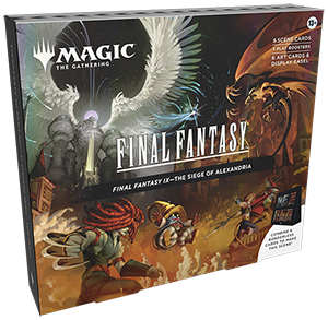 Magic: The Gathering Final Fantasy Holiday Scene Box artwork featuring festive holiday-themed characters and vibrant colors.