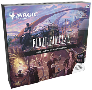 Magic: The Gathering Final Fantasy Holiday Scene box featuring colorful fantasy characters and festive holiday decorations.
