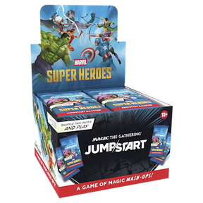 Marvel Super Heroes Jumpstart Booster Box by Wizards of the Coast, featuring colorful artwork and sealed booster packs for Magic: The Gathering.