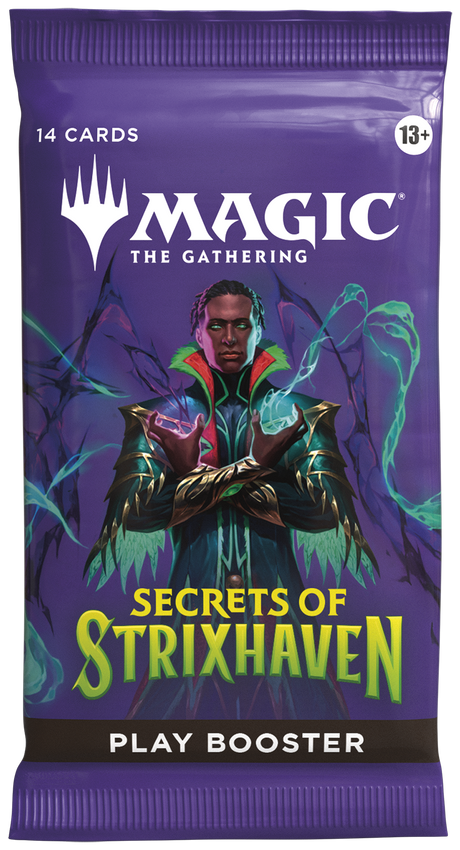 Magic: The Gathering Secrets of Strixhaven booster pack from Wizards of the Coast, featuring colorful artwork and game cards.