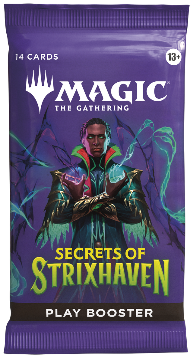 Magic: The Gathering Secrets of Strixhaven booster pack from Wizards of the Coast, featuring colorful artwork and game cards.