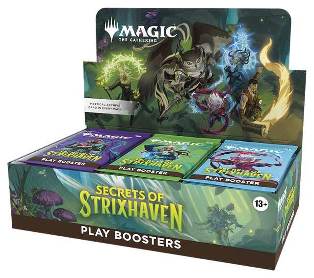 MTG Secrets of Strixhaven Play Booster Box by Wizards of the Coast, featuring colorful booster packs and Strixhaven-themed artwork.