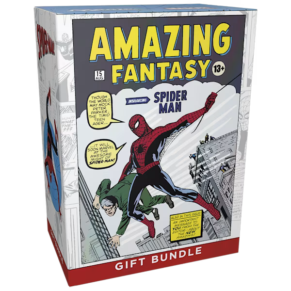 MTG Spider-Man Gift Bundle featuring Magic: The Gathering cards with Spider-Man-themed artwork and Wizards of the Coast branding.