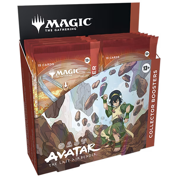 Collector booster box for Magic: The Gathering Avatar The Last Airbender set by Wizards of the Coast, featuring colorful packaging artwork.