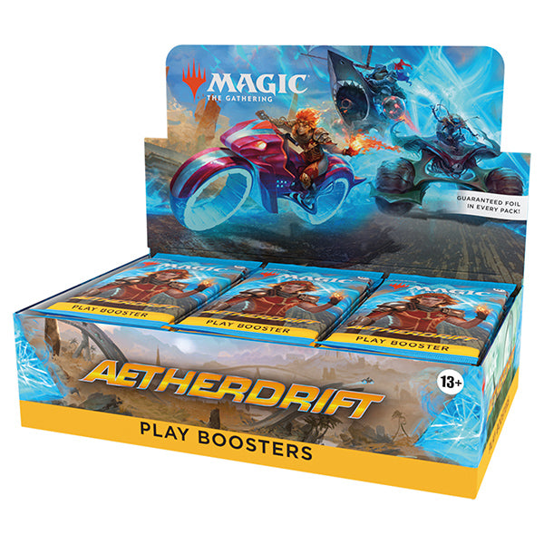 MTG Aetherdrift booster box by Wizards of the Coast, featuring colorful artwork and packaging for Magic: The Gathering card game.