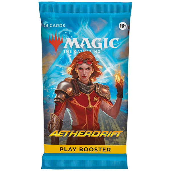 MTG Aetherdrift Play Booster Pack from Wizards of the Coast featuring colorful Magic: The Gathering cards in a booster pack.