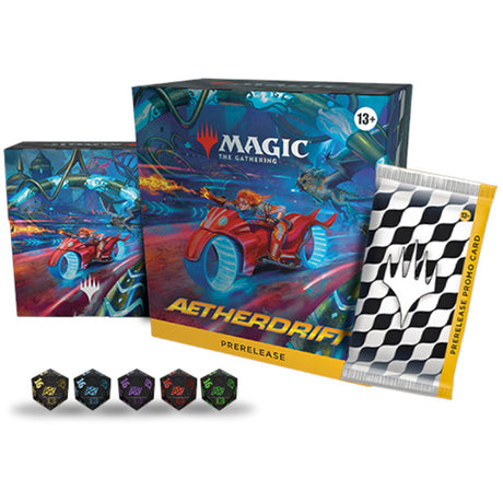 Aetherdrift Prerelease Box for Magic: The Gathering by Wizards of the Coast, featuring booster packs and game accessories.