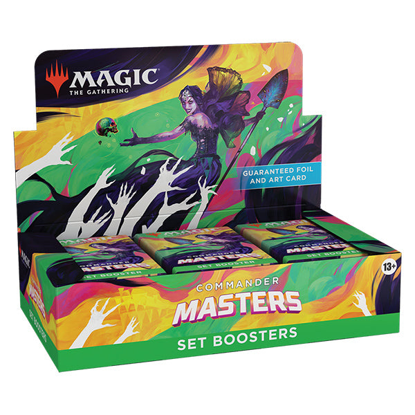Wizards of the Coast MTG Commander Masters Set Booster Box featuring colorful artwork and booster packs for Magic: The Gathering.