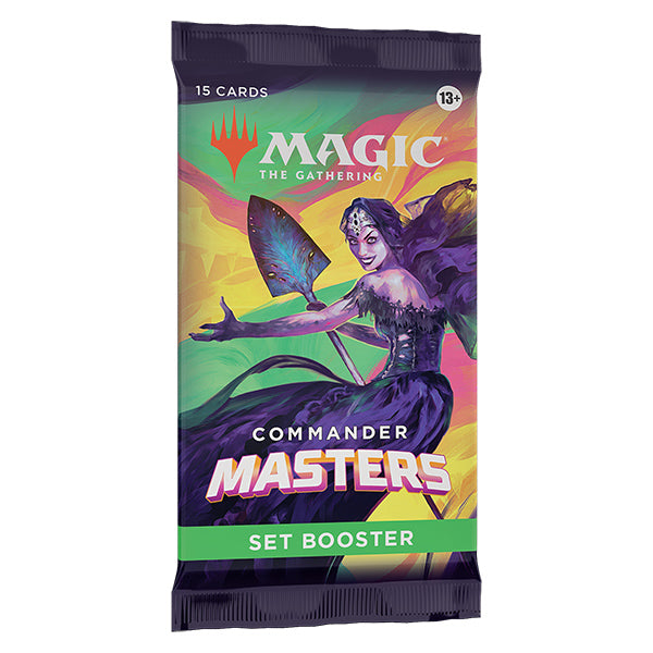 Wizards of the Coast Magic: The Gathering Commander Masters set booster pack with colorful booster packaging and cards inside