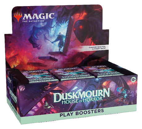 MTG Duskmourn House of Horror Play Booster Box by Wizards of the Coast, featuring colorful fantasy-themed card packaging.