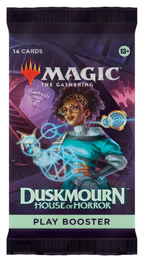 MTG Duskmourn House of Horror Play Booster Pack by Wizards of the Coast featuring Magic: The Gathering cards in a sealed booster pack.