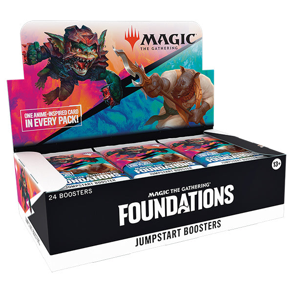 MTG Foundations Jumpstart Booster Box by Wizards of the Coast showing colorful booster packs for Magic: The Gathering.