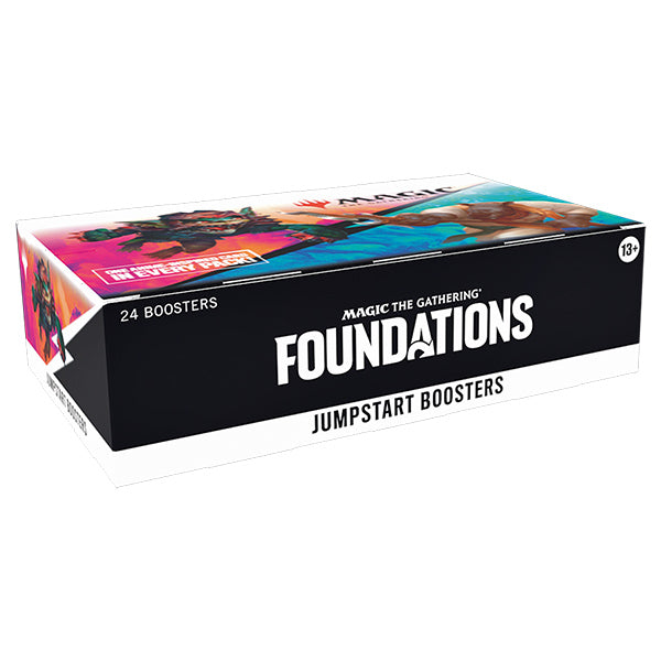 MTG Foundations Jumpstart Booster Box by Wizards of the Coast featuring colorful booster packs stacked together.
