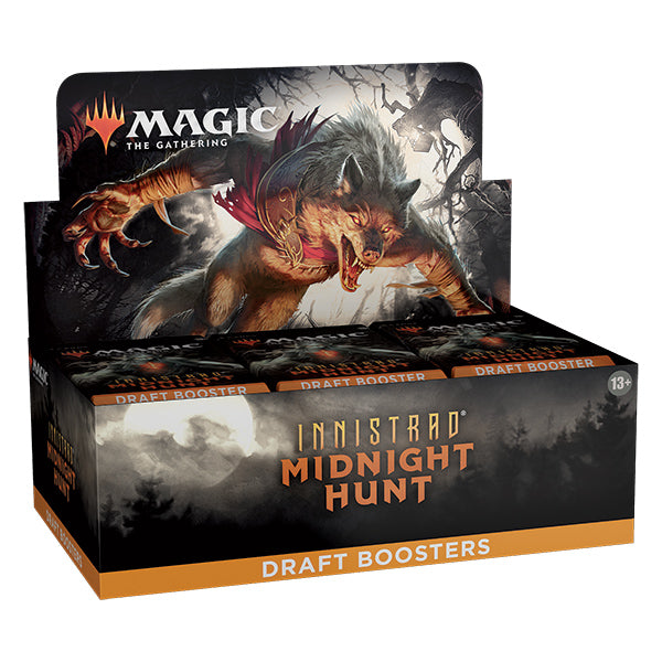 Magic: The Gathering Innistrad Midnight Hunt draft booster box by Wizards of the Coast, featuring colorful artwork and booster packs.