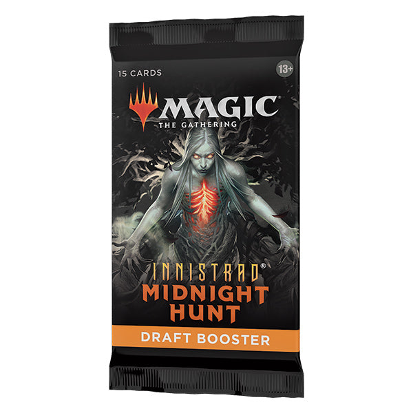 MTG Innistrad Midnight Hunt Draft Booster Pack featuring Wizards of the Coast trading cards and fantasy artwork.