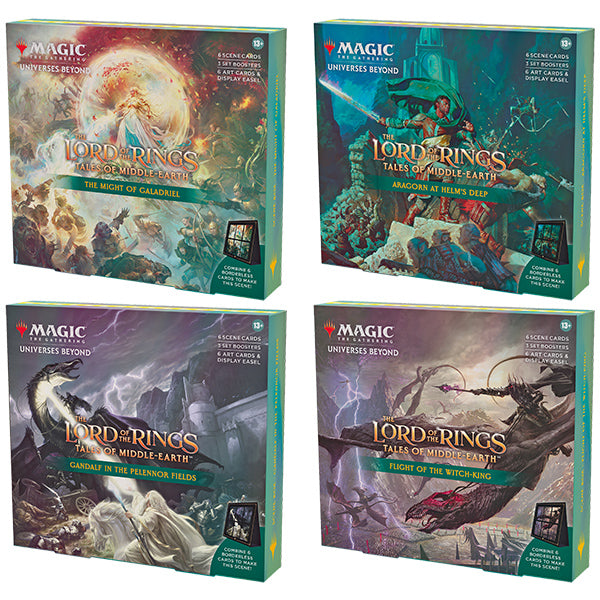 MTG Lord of the Rings Tales of Middle-Earth Scene Box featuring detailed Middle-Earth fantasy artwork and iconic characters.