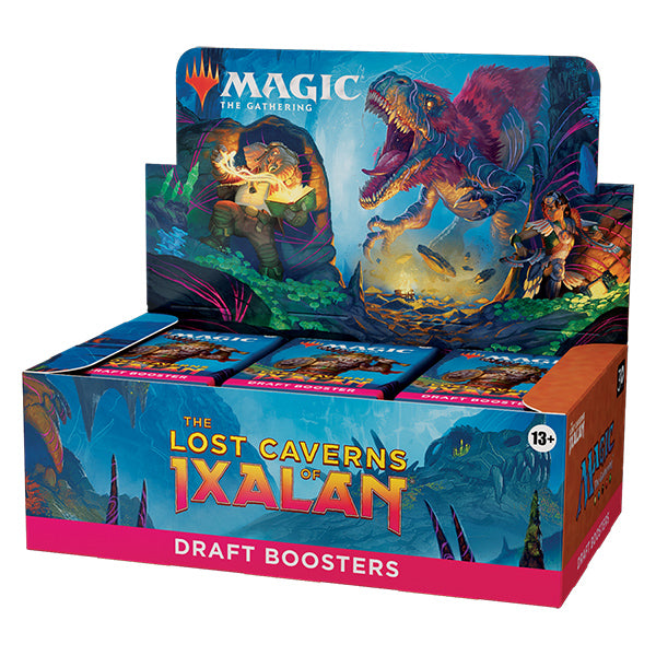 MTG Lost Caverns of Ixalan draft booster box by Wizards of the Coast, featuring colorful fantasy card artwork and packaging.