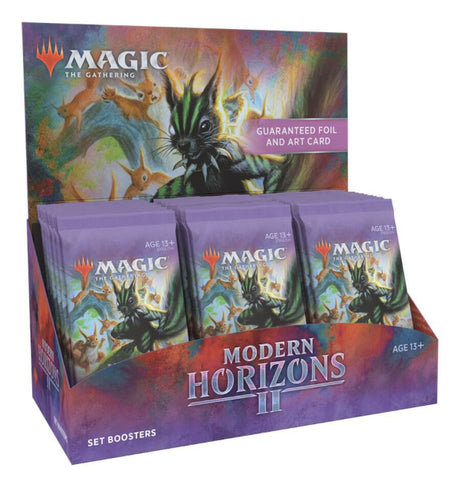 Modern Horizons 2 set booster box by Wizards of the Coast, featuring colorful artwork and packaging for Magic: The Gathering.