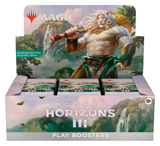 MTG Modern Horizons 3 booster box by Wizards of the Coast featuring colorful booster packs and vibrant card artwork.