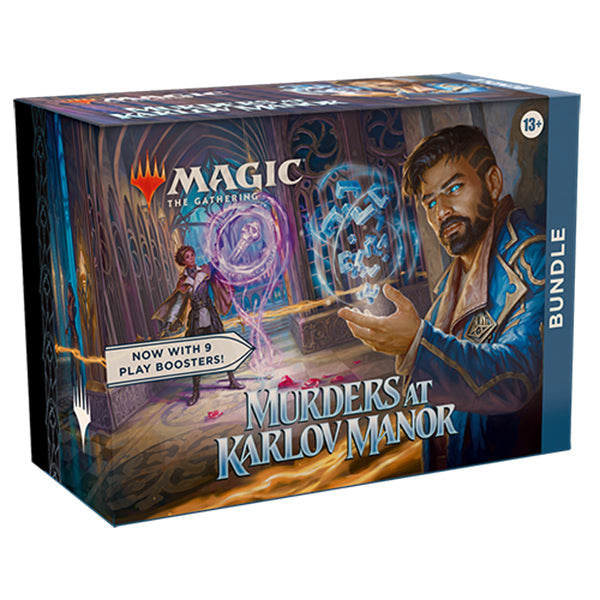 MTG: Murders at Karlov Manor Bundle featuring cards and packaging from Wizards of the Coast for the Magic: The Gathering game.