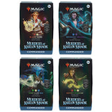 Magic: The Gathering Murders at Karlov Manor Commander Deck with cards spread out, featuring fantasy artwork and game components.