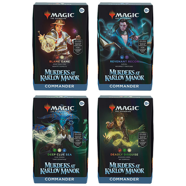 Magic: The Gathering Murders at Karlov Manor Commander Deck with cards spread out, featuring fantasy artwork and game components.
