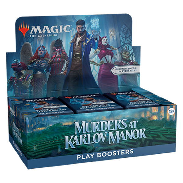MTG Murders at Karlov Manor Play Booster Box by Wizards of the Coast featuring card artwork and booster pack packaging.