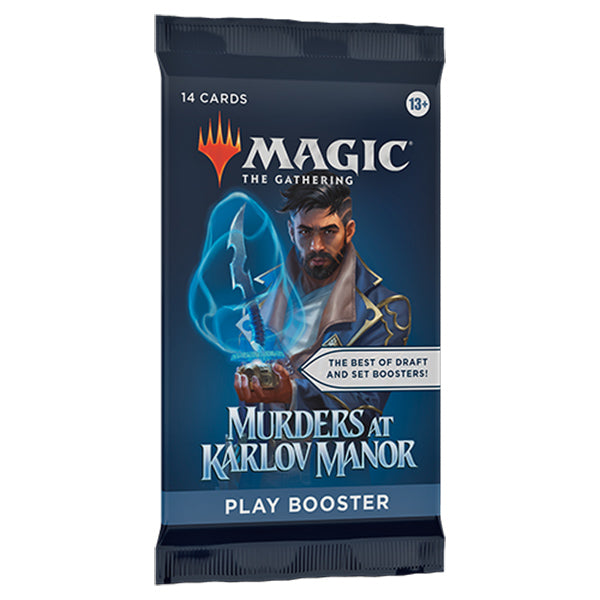 Magic: The Gathering Murders at Karlov Manor booster pack by Wizards of the Coast, featuring colorful card artwork and booster packaging.